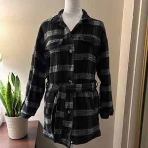 HYFVE Black and Gray Plaid Trench Coat Size M